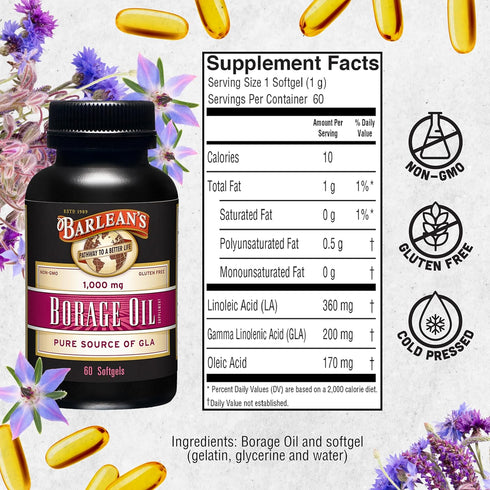 Barlean's Borage Oil Supplements, Cold Pressed Pure Borage Seed Oil Supplement Softgels for Men and Women, 1000 mg GLA Fatty Acids, 60 Count...