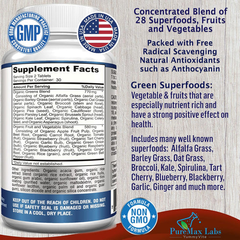 Fruit and Veggie Superfood Greens - 28 Fruits and Vegetables incl. Alfalfa, Barley Grass, Spirulina, Beet Root, Tart Cherry, Concentrated Natural ...