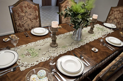 Embroidered Green Leaf on Antique Green Fabric Table Runner, Dresser Scarf (16Wx54L)...