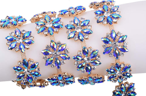 KAOYOO 1 Yard Flower Pattern Rhinestone Chain Trim, Inlaid with Blue AB Crystal Rhinestone and Golden Brass Base Prong Chain for Sewing Craft,Wedd...