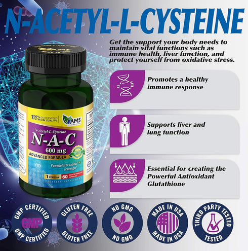 America Medic & Science NAC 600mg – NAC Supplement for Lung Health & Immune Support, Liver Support & Antioxidants – N-Acetyl-Cysteine – 60 Capsule...