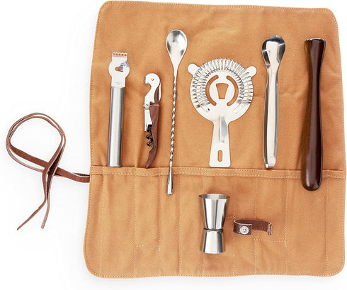 Foster & Rye Canvas Travel Bartender Kit Barware Set, Cocktail Tool Bag and Portable Bar Set perfect Gifts for Men, Set of 7, Brown...