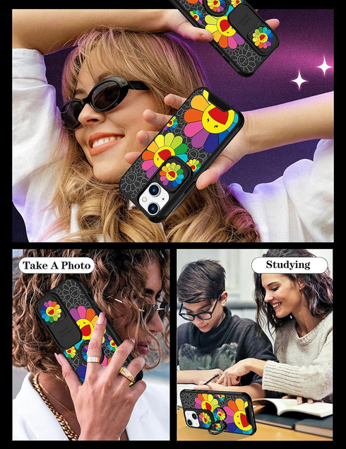 Goocrux (2in1 for iPhone 13 Case Smile Face Flower for Women Girls Pretty Girly Phone Cover Cute Floral Design with Slide Camera Cover+Ring Aesthe...