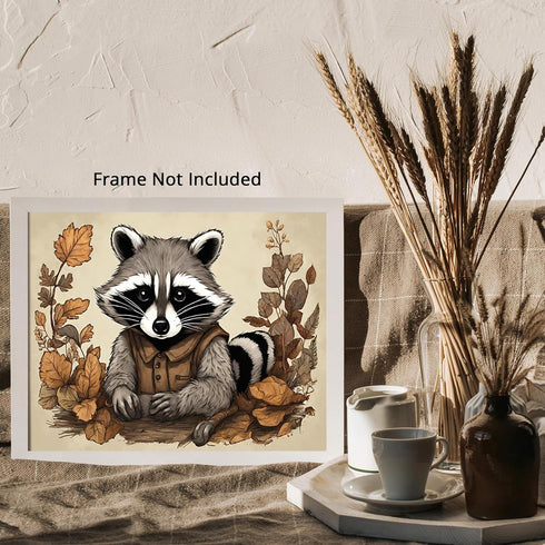 Posterizer 1 pcs- A raccoon sitting behind a table with orange leaves-Art for Animal Lovers-Floral Botanical Art- Gift for Men Women -Decor for Be...