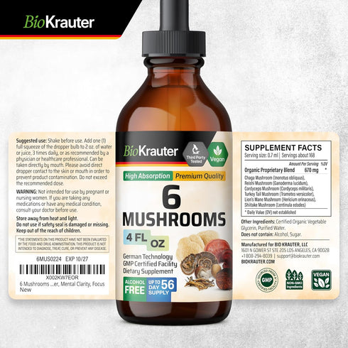 BIO KRAUTER 6 Mushrooms Supplement 6-in-1 - Lions Mane, Shiitake,Turkey Tail, Cordyceps, Reishi & Chaga Liquid Extract - Mushroom Complex Tincture...