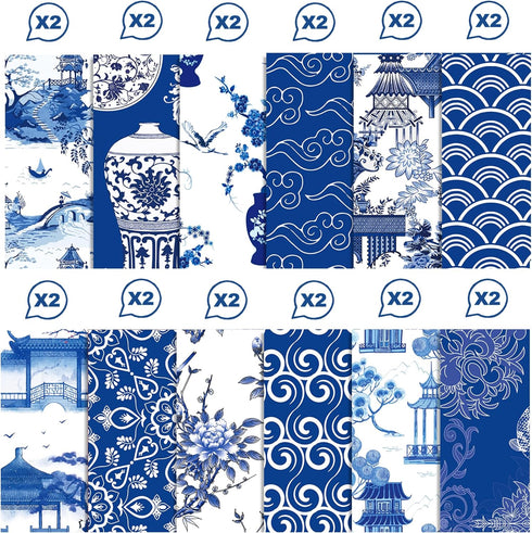 Chinese Blue and White Porcelain Scrapbook Paper Pad,24 Pcs Double-Sided Decopodge Paper,Cardstock Paper for Scrapbooking DIY Decorative Backgroun...
