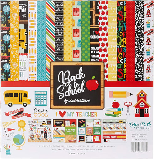Echo Park Paper Company Back to School Collection Kit paper, 2-x-2, Blue/Black/Red/Green/Yellow, 12-x-12"...