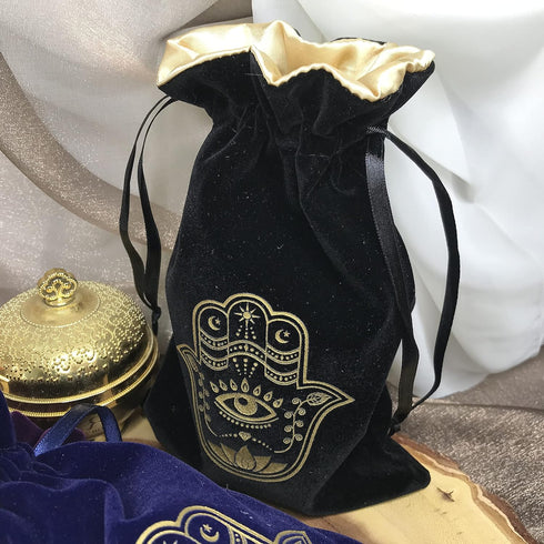 ARTSY CRAFTS 6x9" Hamsa Hand Velvet Jewelry Pouch Gift Bags, Fatima Hand Evil Eye Velvet Drawstring Oracle Tarot Card Rune bags Dice Bag (Smoky Bl...