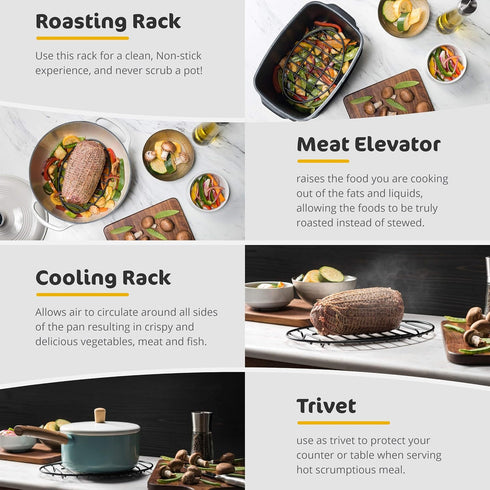 GOURMEX Black Oval Roasting Rack with Integrated Feet | Stainless Steel Kitchen Rack With Non-Stick Coating, PTFE Free | Oven and Dishwasher Safe ...