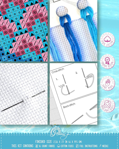 Povitrulya Mermaid's tail - Counted cross Stitch Bookmark Kit - DIY Embroidery set for Adults with Paper pattern, 16-count Aida Canvas and Presort...