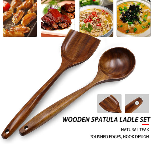 FJNATINH Wooden Wok Spatula Ladle Tool Set, 14-inch Long Handle Teak Wok Spatula...