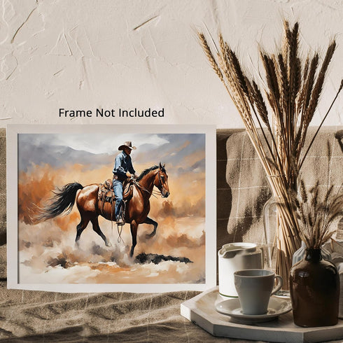 Posterizer 1 pcs- Cowboy dressed in blue riding a brown horse-Art for Animal Lovers- Gift for Men Women Entrepreneur Teens-Decor for Home & Office...