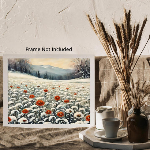 Posterizer 1 pcs-snowy winter flowers scene in oil painting style-1-Landscape & Nature Art-Floral & Botanical Art- Dining Room Decor- unframed wal...