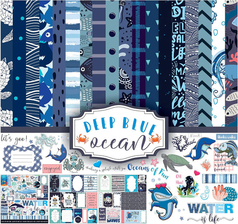 Ocean Life Collection Double-Sided Scrapbook Paper Kit Cardstock 12"x12" Card Making Paper Pack With Sticker Sheet - 16 Pages - Blue...