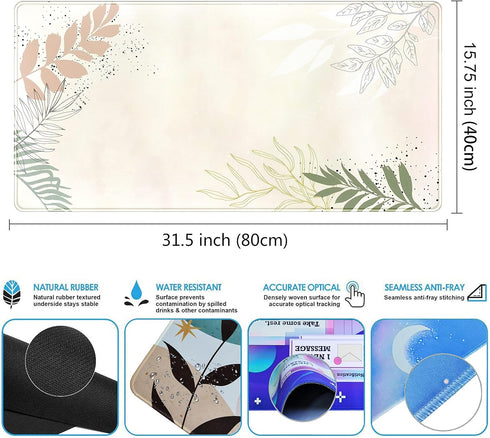 Boho Mouse Pad Pastel Abstract Desk Mat Matcha Green Plant Laptop Mat Aesthetic Office Desk Decor for Women 31.5x15.75 in Keyboard Mat Desk Pad Mo...
