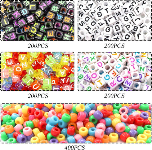 TOAOB 1200pcs 4 Colors Cube Letter Beads Acrylic Alphabet Beads for Bracelets Making with Pony Beads and 1 Roll Elastic String for Jewelry Making...