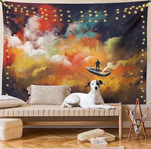 Ambesonne Fantasy Tapestry, Man on a Boat Floating Within Nebula Cloud in Vivid Colorful Psychedelic Background, Wide Wall Hanging for Bedroom Liv...