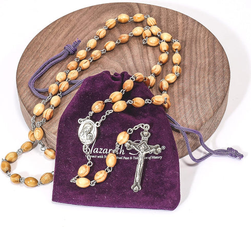 Nazareth Store Catholic Prayer Rosary Olive Wood Beads Necklace Holy Soil Medal & Metal Cross Velvet Gift Bag...
