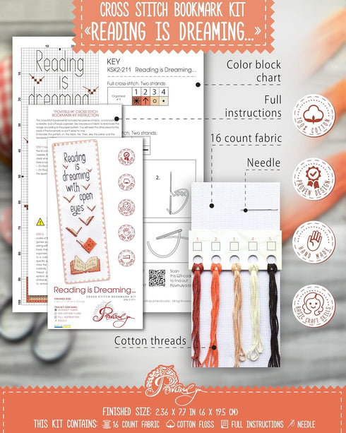 Povitrulya 'Reading is Dreaming' - Embroidery Set for DIY Bookmark - Counted Cross Stitch Kit for Adults with Paper Pattern, 16 Count Aida Canvas ...