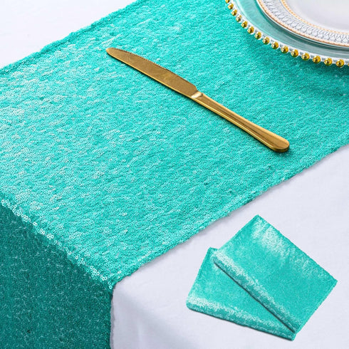 ShinyBeauty Mint Green Table Runners 2Packs 12''x72'' Teal Sequin Table Runners Glitter Fabric Table Runner 72 Inches Long Sparkle Table Cover Ove...