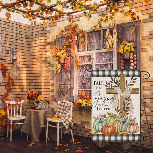 Fall Cross Garden Flag 12x18 Double Sided,Religious Cross Fall for Jesus Buffalo Plaid with Pumpkins Small Yard Flags for Outside,Seasonal Flags f...