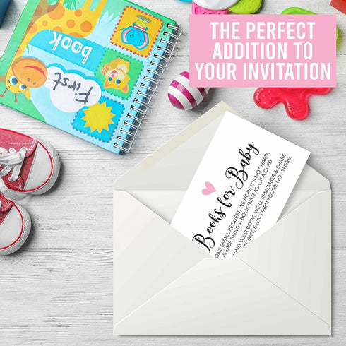 Hadley Designs 25 Books For Baby Shower Request Cards - Pink Baby Shower Invitation Inserts, Guest Book Alternative, Bring A Book Instead Of A Car...