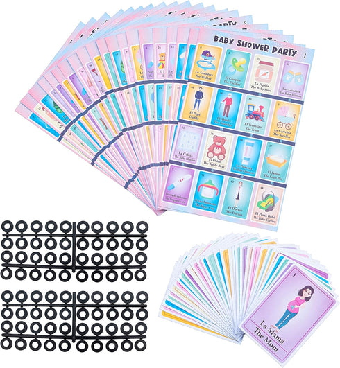 Baby Shower Bingo Kit - Bilingual English Spanish, for 20 Players - Includes 1 Deck of Cards and Boards - with 240 Markers - for The Entire Family...