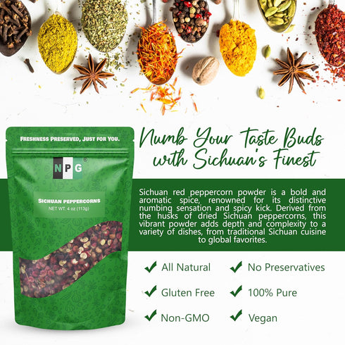 NPG Premium Szechuan Red Peppercorns Sichuan Whole Peppercorns 4 Ounces, A Mouth-numbing Spice, Red Sichuan Peppers for Kung Pao Chicken, Mapo Tof...