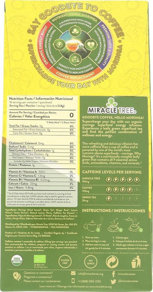 Miracle Tree's Moringa Energy Tea - Green Tea with Ginger & Lemon | Super Caffeinated Blend | Healthy Coffee Alternative, Perfect for Focus | Orga...