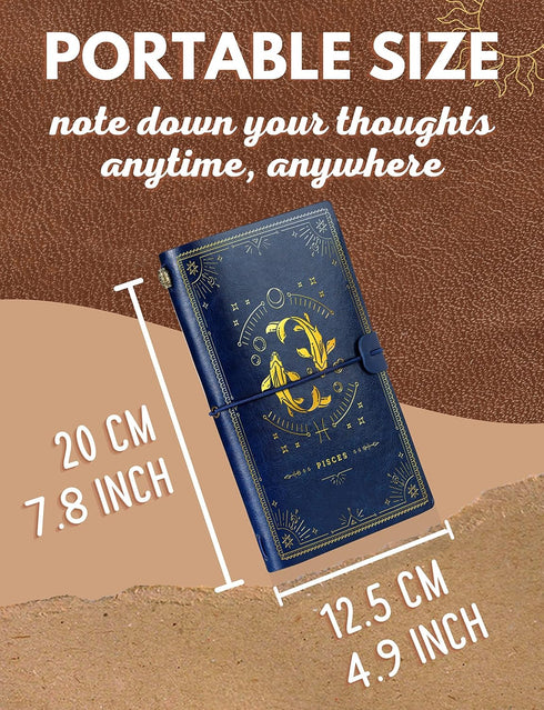 Zodiac Gifts Leather Journal Notebook, for Men, Women on Christmas, Birthday, Refillable Sketchbook, Travel Diary, Lined Planner, 7x5 Inches, Blue...