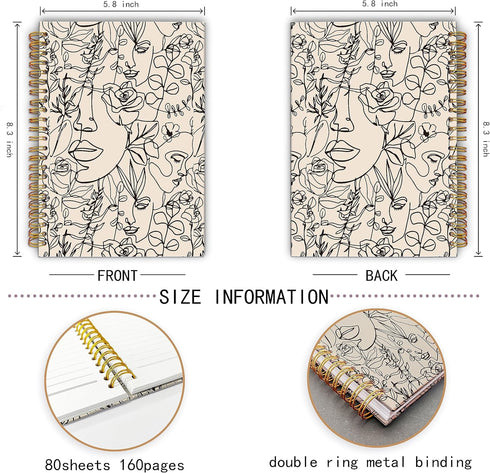 Boho Abstract Minimalist Woman Face Line Flower Floral Spiral Notebook,Laminated Hard Cover,College Ruled 5.5×8.3 Inches,Journal Notebooks for Jou...