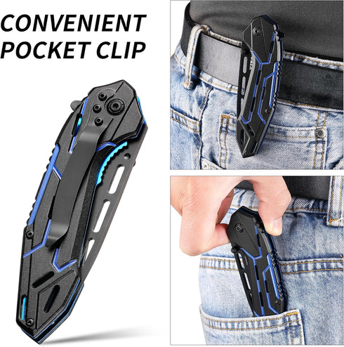 3.3" Pocket Knife, Folding Knife, 8Cr15MoV Stainless Steels Blade, Aluminum Alloy Handle, Blue Devil Design, 2024 Outdoor Gadget Gift...