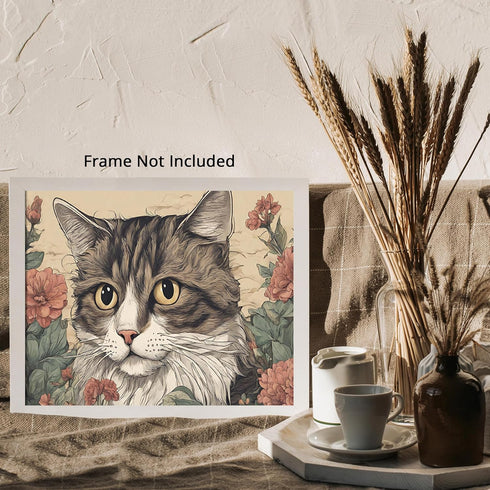 Posterizer 1 pcs- cute cat sorrounded by flowers-Art for Animal Lovers-Floral Botanical Art- Gift for Men Women Entrepreneur Teens-Decor for Home ...