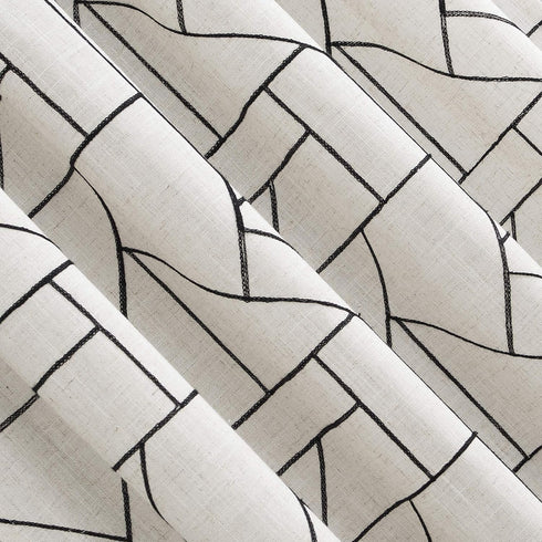 Archaeo Fragmented Geometric Embroidery Mid-Century Modern Natural Linen Blend Curtain, 50" x 63", Black/Linen...