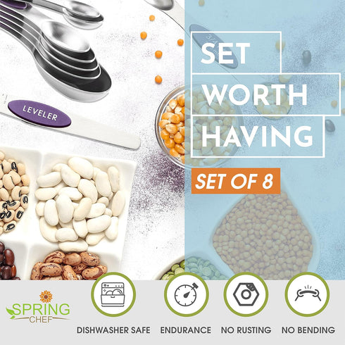 Spring Chef Purple Stainless Steel Magnetic Measuring Spoons Set of 8 with Leveler, Dual Sided Metal Teaspoon & Tablespoon Measuring Spoons, Kitch...