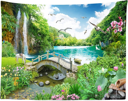 BELECO Picturesque Garden Background Fabric 5x3ft Outdoor Tropical Landscape Mountain Trees Waterfall Lake Birds White Horse and Wooden Bridge Sce...
