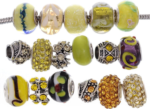 RUBYCA Murano Lampwork Charm Glass Beads Tibetan Crystal European Bracelet Mix Assortment Yellow 15Pcs...