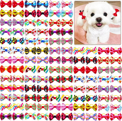100pcs Pet Dog Bows, Bulk Dog Hair Accessories Bows with Rubber Bands 1.37x0.98 inch, Handmade Yorkie Dog Hair Grooming Small Size Bows, Mix Puppy...