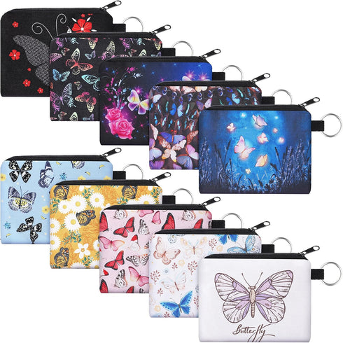Boao 10 Pieces Small Coin Purse for Women Bulk Boho Change Purse Mini Pouches Wallet Coin Bag with Zipper for Women Girls (Butterfly and Flower, 4...
