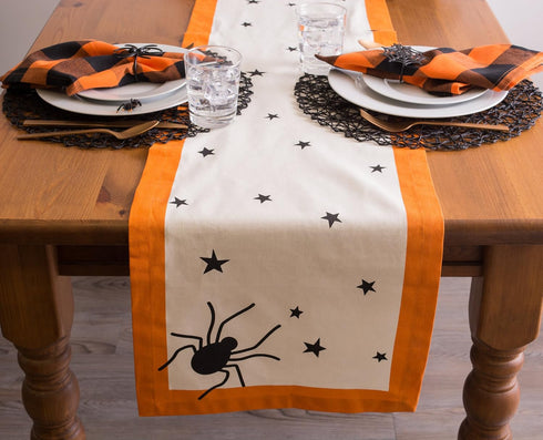DII Halloween Tabletop Collection Bold Black Stars/Spooky Spider with Orange Border on Off-White Natural Background, Machine Washable, 14x72 Table...