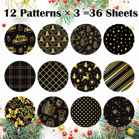 12" Christmas Pattern Paper & Sticker Kit Black Gold Scrapbook Premium Specialty Paper Double-Sided 12"x12" with 12 Designs 36 sheets for Scrapboo...