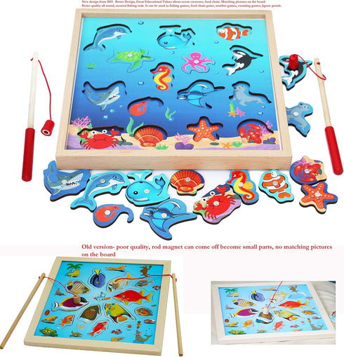 TOWO Wooden Fishing Game-Magnetic Fishing Puzzles with Numbers Jigsaw Puzzle- Sea Creatures Kids Fishing Game Educational Toys for 3 years old Mat...