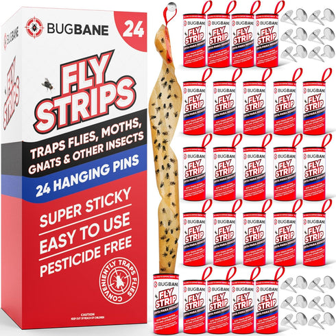 24 Fly Strips Indoor Sticky Hanging with Pins. Paper Tape for Indoors and Outdoor. Catcher Ribbon Traps Flypaper. Fruit Gnat...
