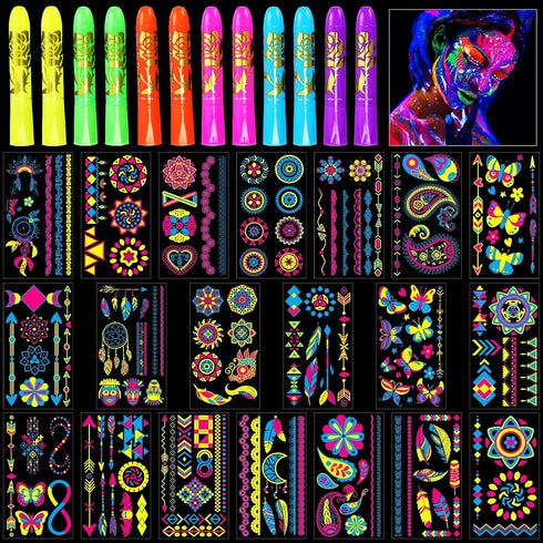 Glow in The Dark Party Supply 20 Sheet (Over 160 Pcs) Glow Temporary Tattoo Stickers,12 UV Neon Light Face Body Crayons Paint Kit for Kid Adult Ma...