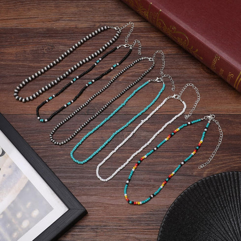 Navajo Pearl Necklace Western Seed Bead Choker Necklace Western Necklaces for Women Girls Cowgirls 6PCS...