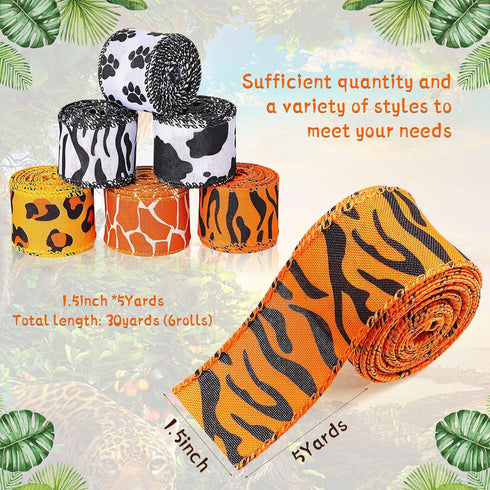 6 Rolls 30 Yards Safari Ribbon Set Christmas Wide Craft Animal Print Ribbon Wired Edge Zebra Leopard Themed Ribbon Decorative Ribbon Crafting Supp...