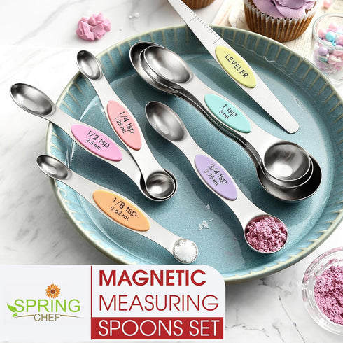 Spring Chef Stainless Steel Magnetic Measuring Spoons Set of 8 with Leveler, Metal Teaspoon & Tablespoon Measuring Spoons for Dry and Liquid Ingre...