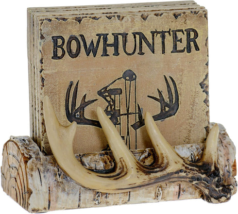Pine Ridge Home Antler Wood Log Coaster Set with Holder - Bow Hunter Country Absorbent Coaster Decor - Cabin Lodge Home Decor for Hunter Men - Man...