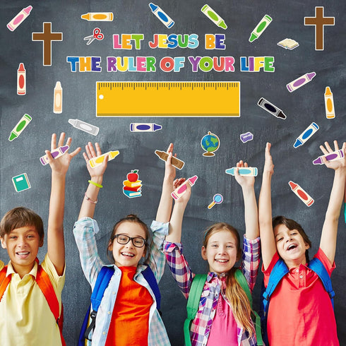 Back to School Religious Bulletin Board - 107Pcs Let Jesus Be The Ruler of Your Life Christian Bulletin Board Classroom Decoration Crayon Cutouts ...