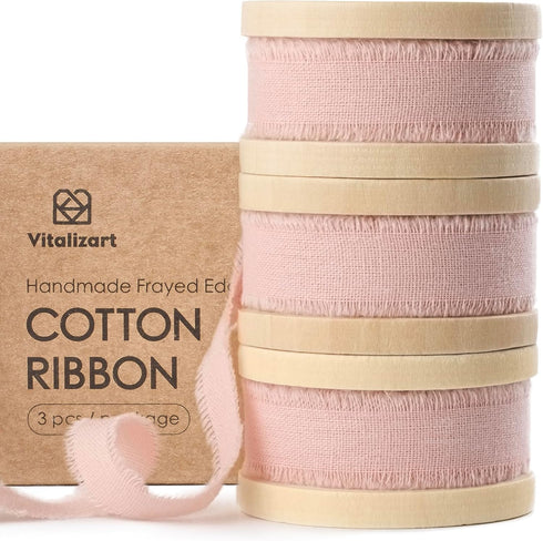 Vitalizart 3 Rolls Handmade Fringe Natural Cotton Ribbon 5/8" x 21Yd Pink Eco-Friendly Ribbons for Wedding Invites Bridal Bouquets Gift Wrapping H...